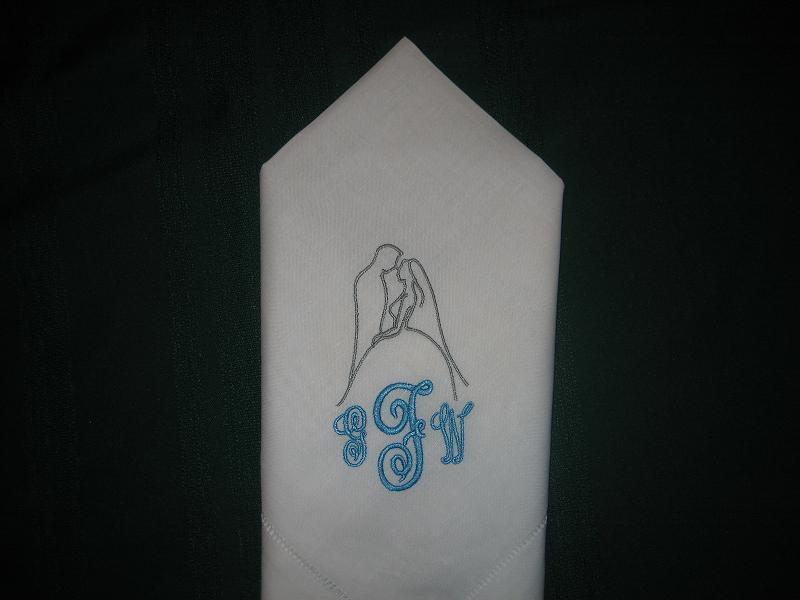 12 Linen Hemstitched Wedding Napkin with bride and groom includes shipping in the US.