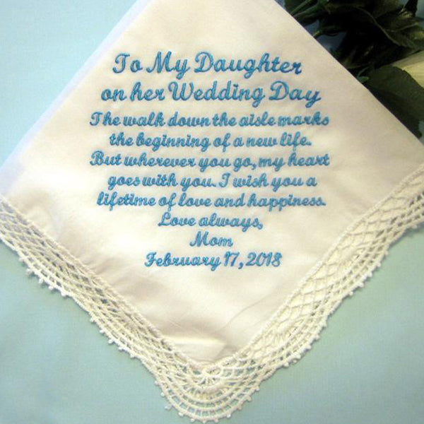 Mother or Father to Daughter Gift on her Wedding Day Handkerchief , Something Blue, Personalized Wedding Handkerchief, 208S