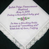 Baptismal hanky for a special baby girl.  baby naming hankie, something old for wedding day,160S