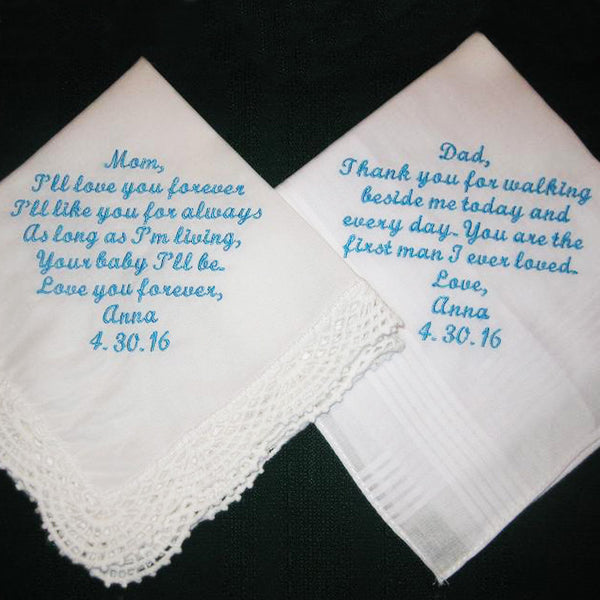 Wedding Handkerchief Gift for Mom and Dad 204S Wedding Gift Embroidered for Mother and Father