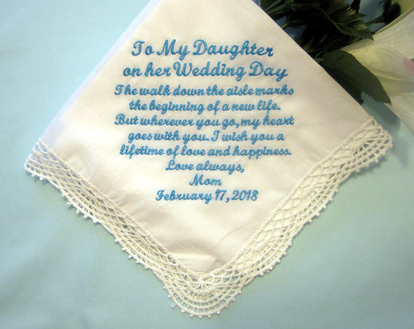 Mother to Daughter on her wedding day handkerchief, embroidered hankie, personalized hanky, 208S