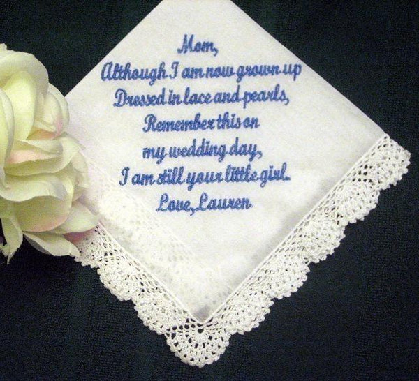Mother of the Bride Hankie 25S  Personalized Wedding Handkerchief Embroidered ladies hankie