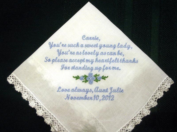 Personalized wedding handkerchief hanky hankie for Junior Bridesmaid or flower girl  138S