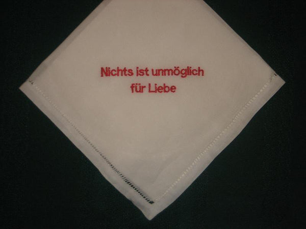 Linen Wedding Handkerchief 155B in German includes gift box and shipping in the US.