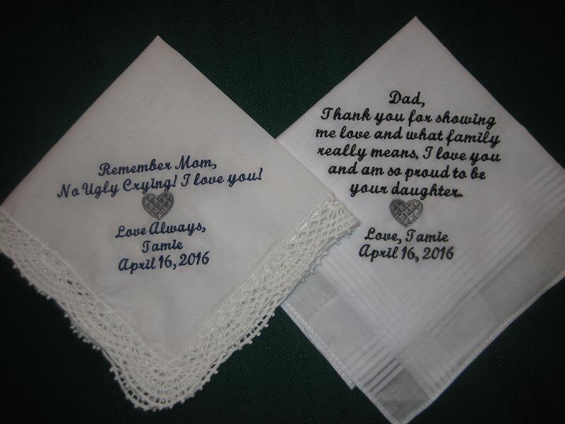 Wedding Handkerchiefs for Mom and Dad Embroidered Wedding Handkerchiefs 202S Embroiderybylinda