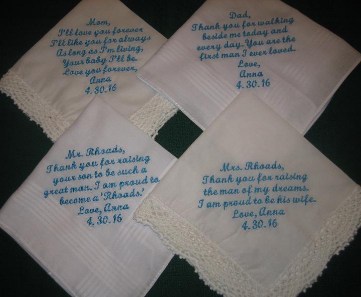 Embroidered Wedding Handkerchief Set for parents of Bride and Groom 205S Set of 4